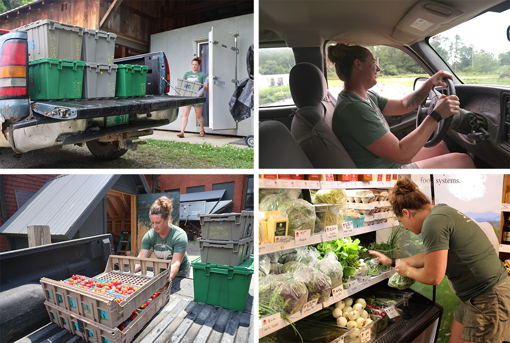 four photos of a woman loading and unloading bins of produce from the back of a pickup truck