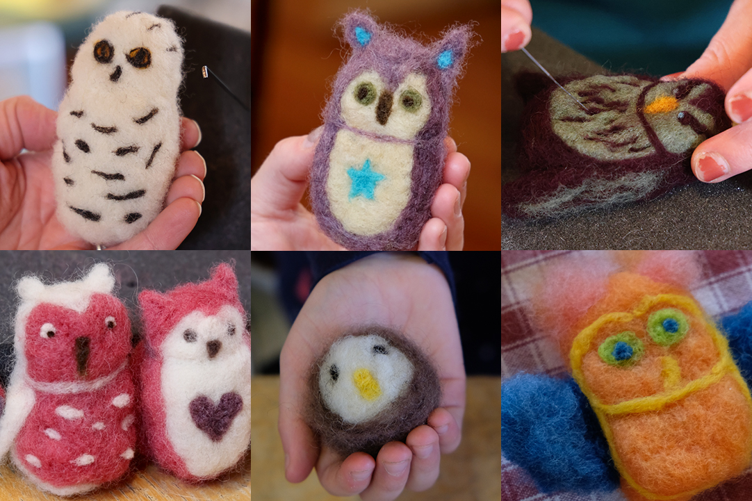A collage of colorful owls made of felt