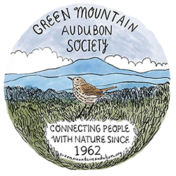 Green Mountain Audubon Society logo with illustration of a small bird in green grass in front of a mountain. Addition text reads "Connecting people with nature since 1962."