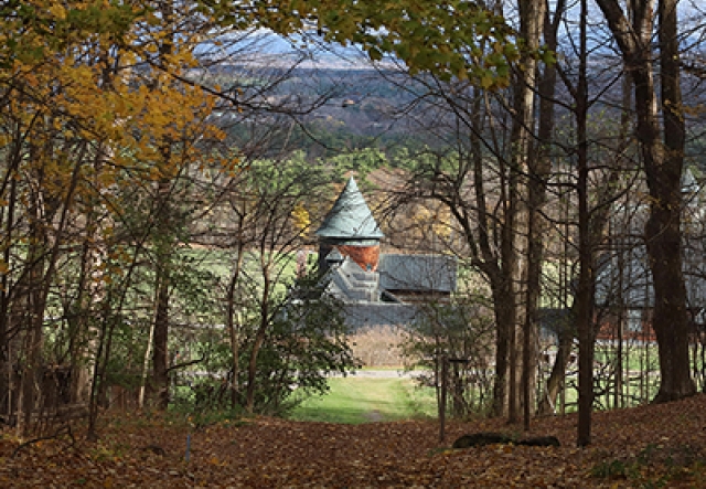 Farm Barn tower in the sun, as seen through a farm trail with woodlands on either side.