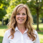 woman with long wavy blond hair, long bangs, and in a white button-down shirt smiles at camera.